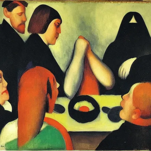 Prompt: by kathe kollwitz, by august macke awesome cardinal. a beautiful body art of a group of people gathered around a table in a tavern. they are all eating & drinking, & appear to be enjoying themselves.