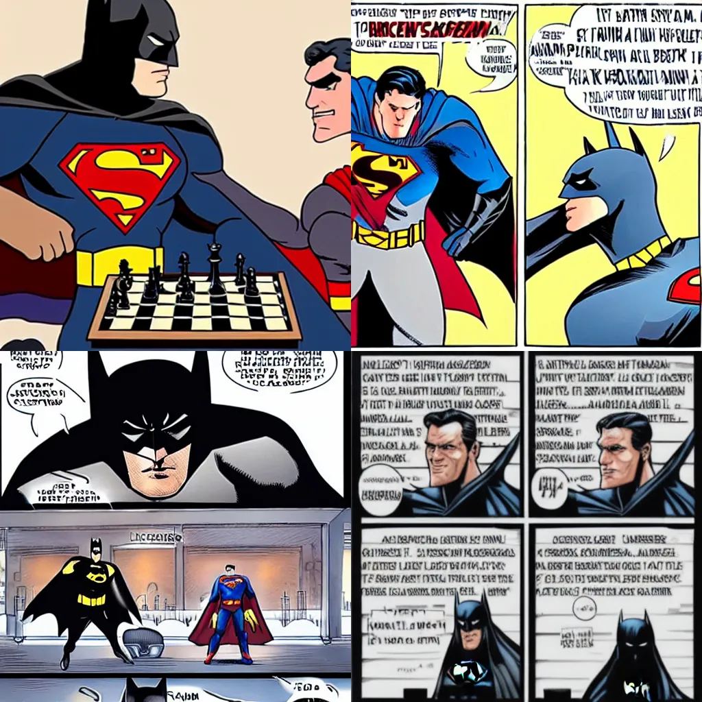 Prompt: batman plays chess with superman