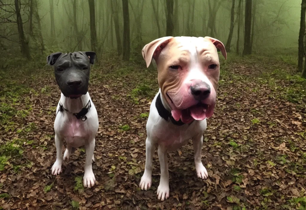 Image similar to low quality iphone photo of a cute pitbull standing ominously deep in the foggy woods with a demonic smile in his face, low visibility, grainy, creepy