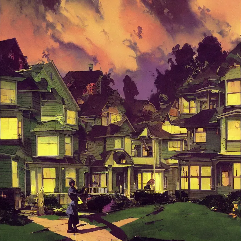 Image similar to a suburban neighborhood with deep green and purple glowing clouds. highly detailed science fiction painting by norman rockwell, frank frazetta, and syd mead. rich colors, high contrast, gloomy atmosphere, dark background. trending on artstation.