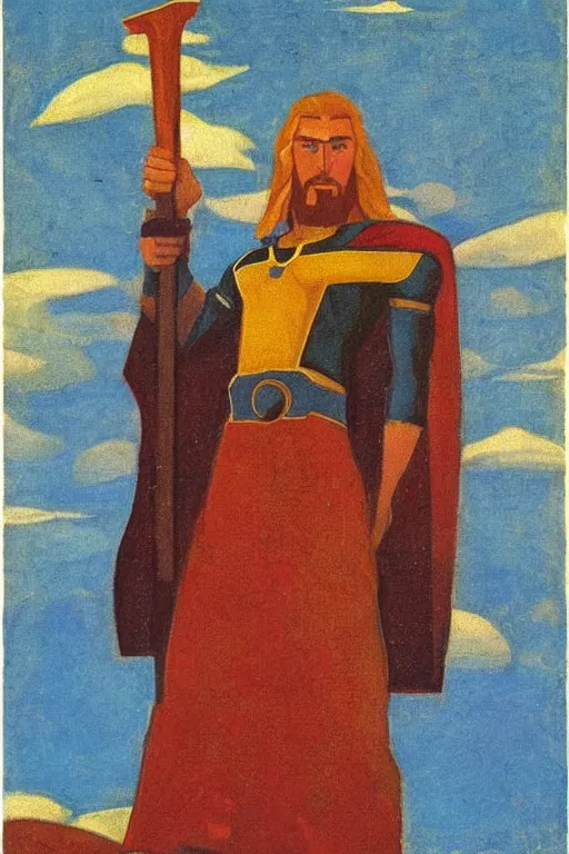 Prompt: thor holding the hammer, marvel, artwork by nicholas roerich,