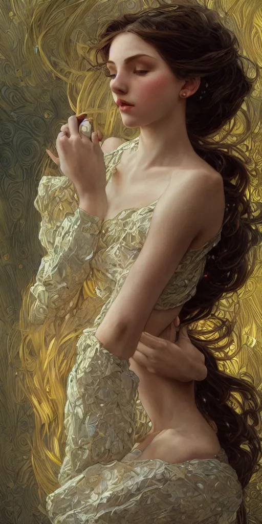 Image similar to ultra realistic illustration studio of a beautiful girl in an artistic pose, intricate, elegant, highly detailed, digital painting, artstation, concept art, smooth, sharp focus, illustration, art by artgerm and greg rutkowski and alphonse mucha by klimt