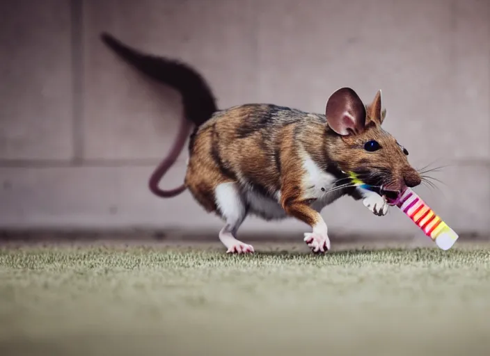 Prompt: photo still of a dog chasing a mouse while eating a popsicle, 8 k, 8 5 mm f 1. 8