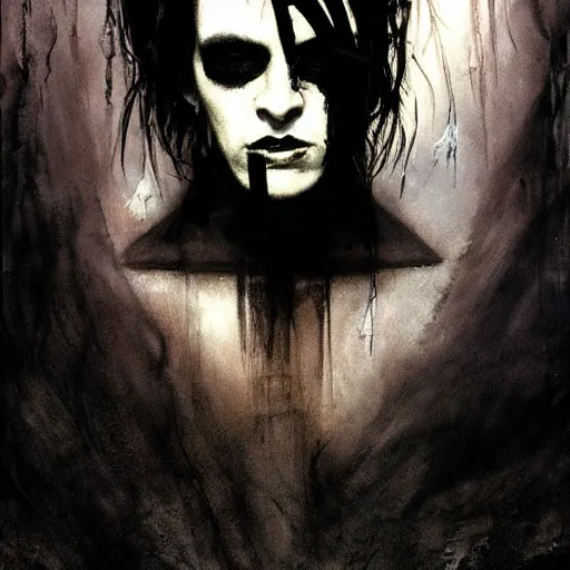 Image similar to gaunt ( the cure fan ) as dream from sandman, dim stars as eyes, by jeremy mann, by cedric peyravernay, by ben templesmith, by dave mckean and richard avedon, dramatic lightning, sadness, dark eye sockets, in the shadows, punk rock, gothic, high detailed, 8 k