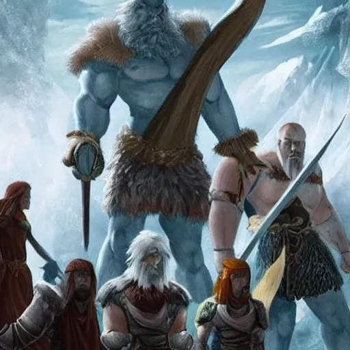 Image similar to dnd frost giant towering over some warriors, catperson, monk, bard, goblins