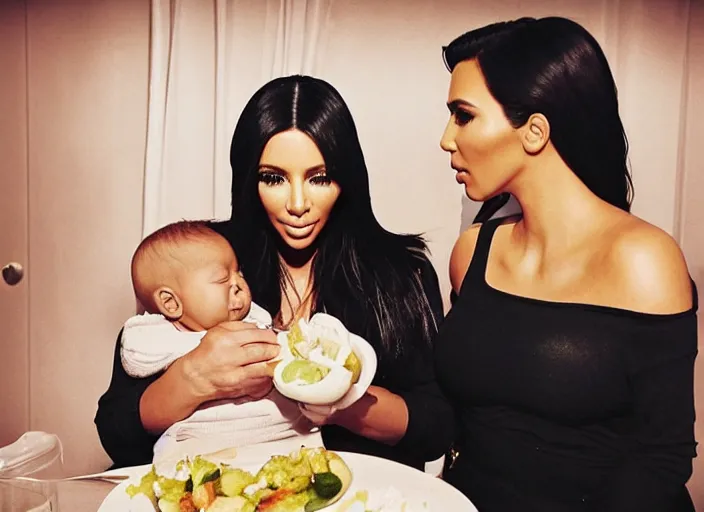 Image similar to a photograph of Kim Kardashian eating a baby