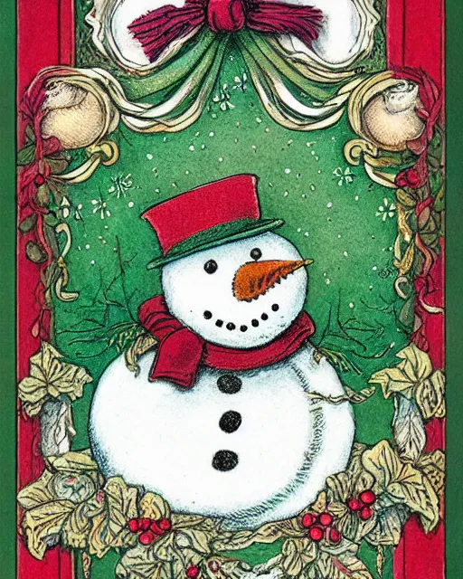 Image similar to traditional victorian snowman illustration greeting card design in maroon and moss green inspired by walter crane, intricately detailed with ultra - hd focus, exquisite, on flat matter crisp paper