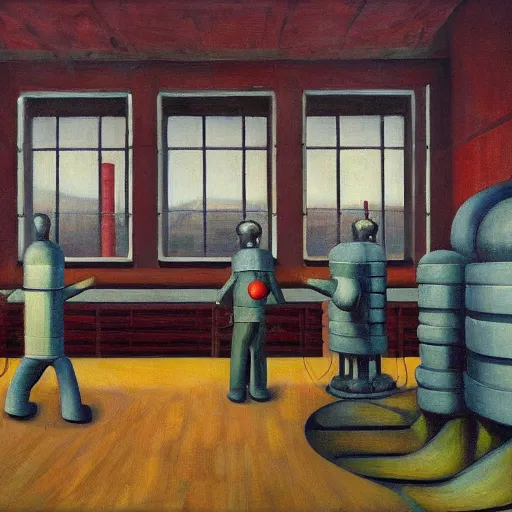 Image similar to engine room, turbines, robot repairmen, reactor core, grant wood, pj crook, edward hopper, oil on canvas