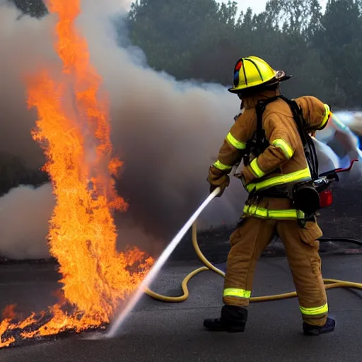 Prompt: a firefighter extinguishing a fire with a flamethrower