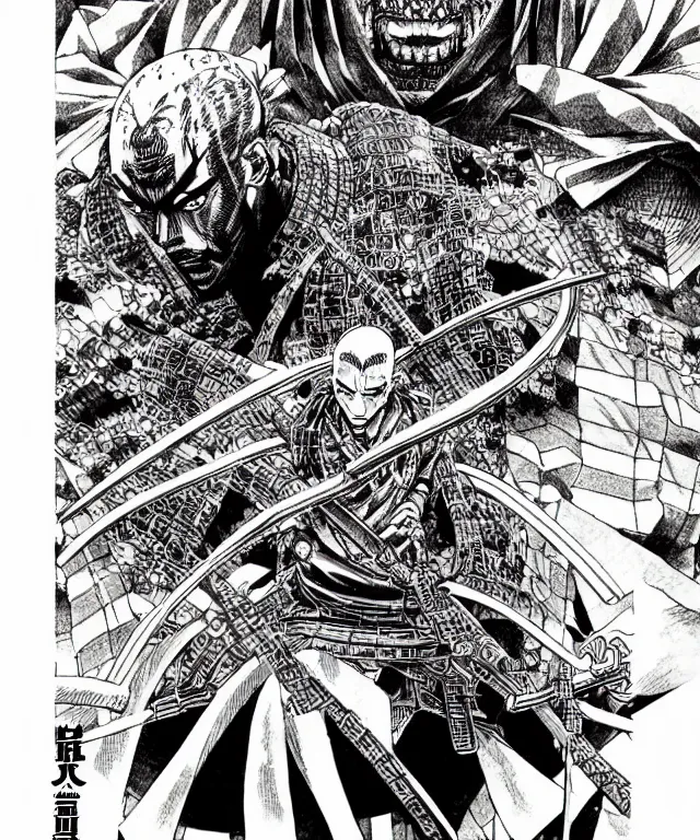 Image similar to A manga about a shaved-headed scarred yakuza. Sharp high quality manga, fine details, straight lines, solo, architecture in the background, masterpiece, highly detailed drawing by Yoshiaki Tabata, Tsutomu Nihei, Kentaro Miura