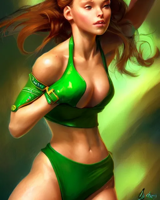 Image similar to play of the game of cammy wearing green bikini, perfect face, brown hair, abs, cinematic, stunning, cute, adorable, strong, highly detailed, long gorgeous hair filling the frame, psychedelic, digital painting, artstation, smooth, hard focus, illustration, art by jessica rossier and brian froud,