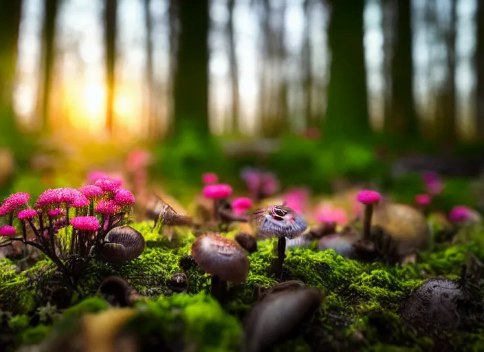 Image similar to a fantasy forest on an alien planet with delicate flowers and mushrooms that glow in the dusk, macro close up, bokeh,