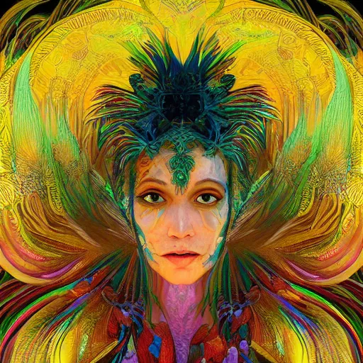 Image similar to Areality bending psychedelic ayahuasca experience, colorful, distorted, surreal, tropical bird feathers, dramatic lighting on the face, intricate, elegant, highly detailed, digital painting, concept art, smooth, sharp focus, illustration, art by Krenz Cushart and Wayne Barlowe and alphonse mucha