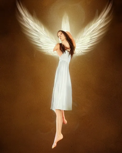 Image similar to woman turning into an angel levitating off the ground, by randy vargas, art station, smooth, focus