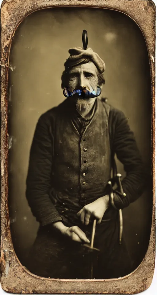 Prompt: a wet plate photograph, a portrait of a lone cobbler with a handlebar mustache