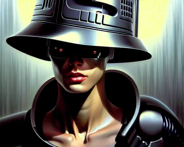 Image similar to beautiful fantasy character portrait, the terminator robot, wearing black bucket hat with white fur coat, futuristic chrome, ultra realistic, dramatic lighting, droids, the fifth element artifacts, highly detailed by peter mohrbacher, hajime sorayama, wayne barlowe, boris vallejo, aaron horkey, gaston bussiere, craig mullins