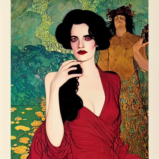 Image similar to portrait by joshua middleton of the young actress, eva green as queen of the emerald dead, vamp, elegant, decadent, stylised comic art, klimt, mucha, 1 9 7 0 s poster,