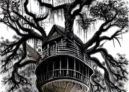 Image similar to Steampunk tree house, yuumei , spanish moss, cozy afternoon, super realistic, ink drawing