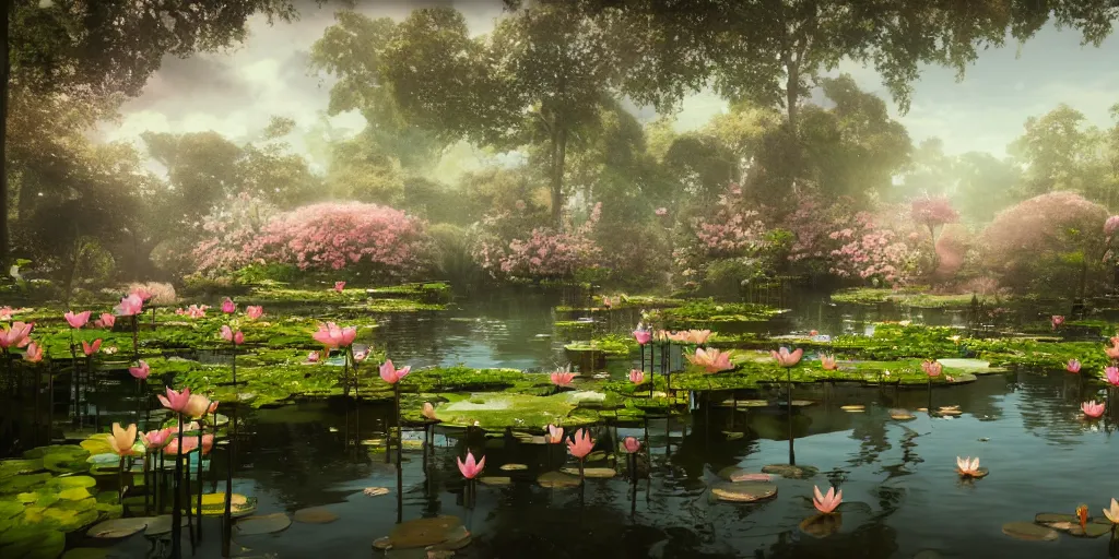 Prompt: dreamy pond full of lotus flowers, concept art, render by octane and blender, hyper realistic, cinematic lighting, unreal engin 5, by krenz cushart, 8 k, vray render, artstation, deviantart