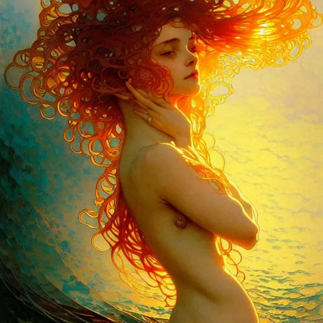 Image similar to mind bending ocean waves of glossy liquid honey drops flowing like psychedelic translucent amber, lsd waves, lsd ripples, backlit, sunset, refracted lighting, art by collier, albert aublet, krenz cushart, artem demura, alphonse mucha