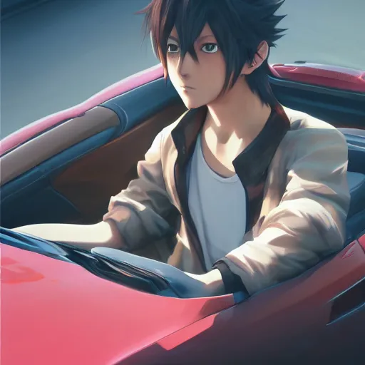 Image similar to a young anime man driving a sports car, style game square enix life, trending on artstation, painted by greg rutkowski, render naughty dog, octane render, detailed