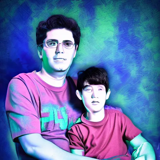 Prompt: portrait of father and son at home, vaporwave digital art 4 k