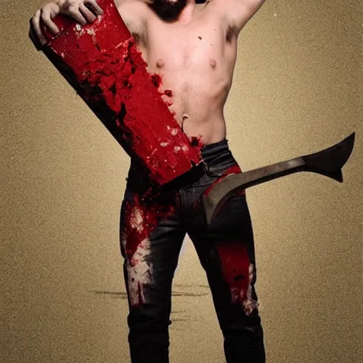 Prompt: a sexy guy holding an axe covered in blood