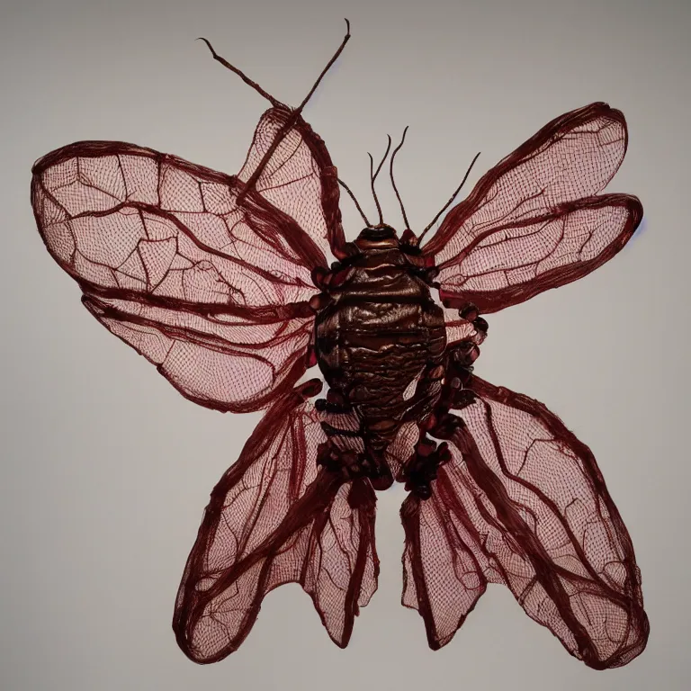 Prompt: hyperrealistic sculpture of a bronze fossilized cecropia moth spider in a large mesh cage made of magenta nylon wire and latex on a pedestal by ron mueck and duane hanson and lee bontecou, hyperrealistic dramatic colored lighting trending on artstation 8 k