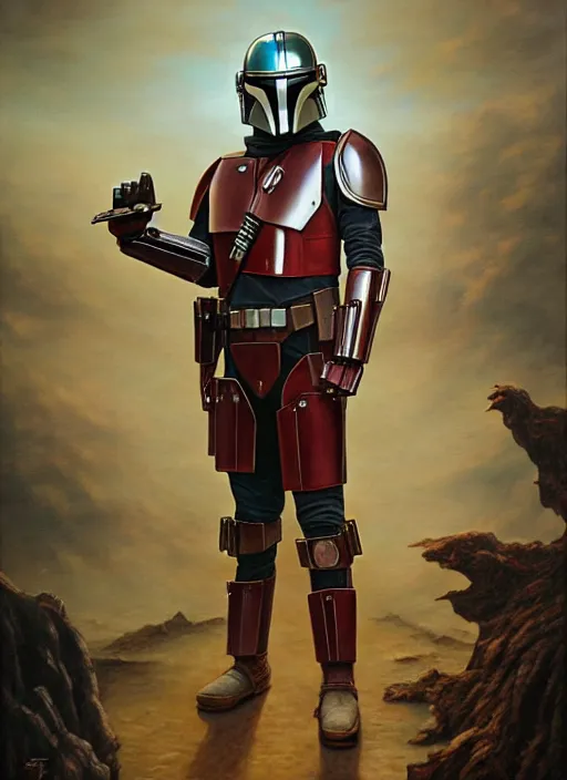 Prompt: beautiful oil painting of the mandalorian by chie yoshii, full body portrait, sandstone, dramatic lighting