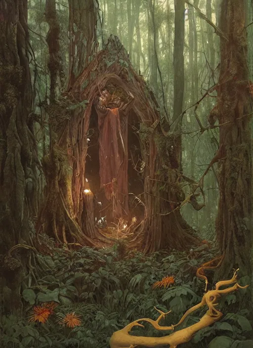 Prompt: a hyper realistic witch shrine in the woods gorgeous lighting, lush forest foliage painting by chiara bautista and beksinski and norman rockwell and greg rutkowski weta studio, and lucasfilm