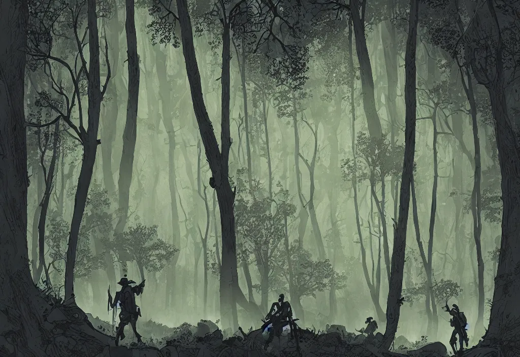 Image similar to handmade illustration of a big forest, line art, ink, some silhouetted medieval men among the trees, watercolor by Kilian Eng and by Jake Parker, winning-award masterpiece, fantastic, octane render, 8K HD Resolution, High quality image