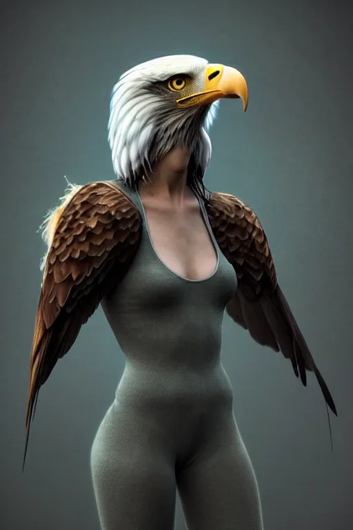 Image similar to epic professional digital art of attractive female human - eagle hybrid animal, wearing human air force jumpsuit, humanoid feathered head, eagle beak, by lisa roet, sam leach, leesha hannigan, wayne haag, artstation, cgsociety, epic, much wow, much detail, gorgeous, detailed, cinematic, masterpiece