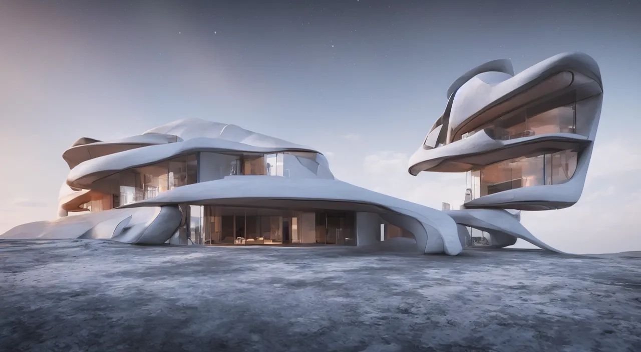 Prompt: a modern house design sitting in the middle of planet mars, unreal engine, zaha hadid, ludwig mies van der rohe architectural designs, strong colors, 4 k