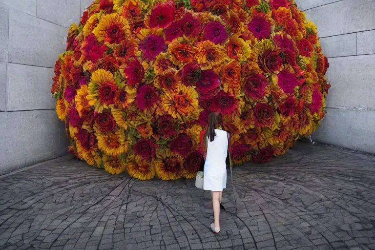 Image similar to giant flower head, girl walking in hotel, surreal, symmetry, flat space, fanciful, colourful, detailed, wes anderson