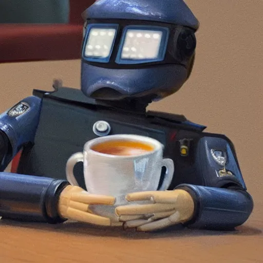 Prompt: a robotic police officer drinking tea in a coffee shop sitting down relaxed, photo realistic