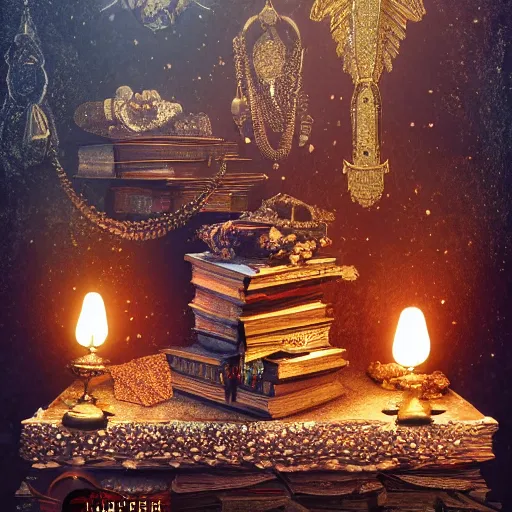 Image similar to epic Photo of an ancient dark byzantine cave interior, ornate oil lamp on a pile of crystals, books covered in jewels, ornate, surrounded by strange crystals and treasure, full of sand and glitter, hyper real, Indiana Jones, Tomb Raider, trending on artstation, concept art, cinematic, jewels, 35mm lens