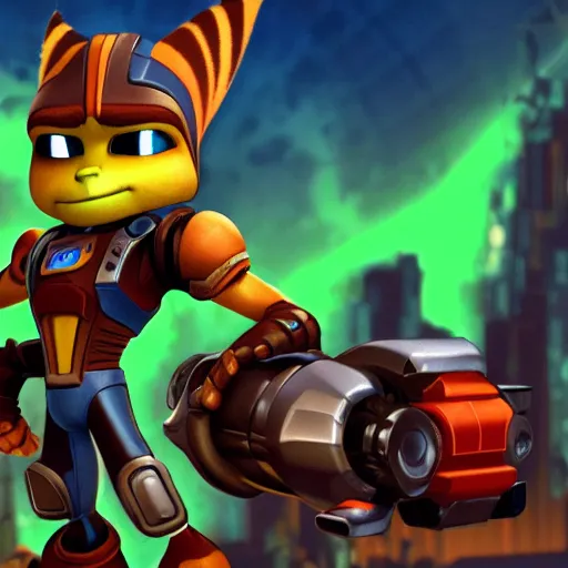 Image similar to ratchet and clank in the style of doom 1993