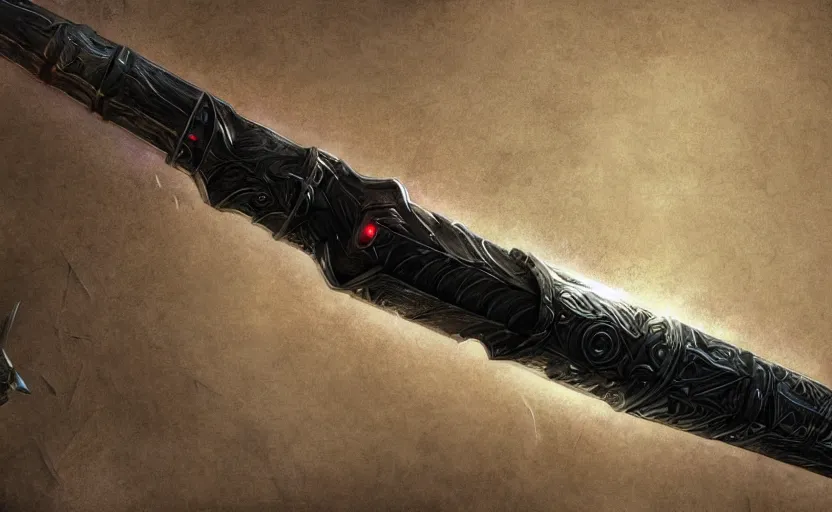 Image similar to legendary sword of cybernetic technology lying flat on a glowing table, digital award winning hd matte painting, intimate dark moody, intricate, long sharp black and iridescent blade, ornate spikes, colorful hilt, detailed realistic, raytraced blade, colored gems, golden pommel, in the style of greg rutkowski and krenz cushart, deviantart
