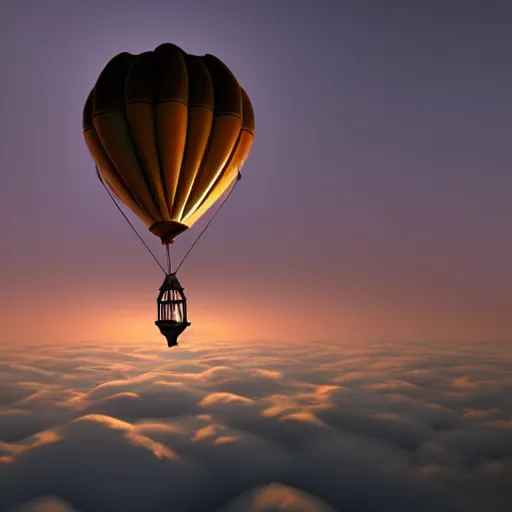 Prompt: steampunk hot air balloon, skimming on top of clouds, intricate, sunset, beautiful composition. 3 d render