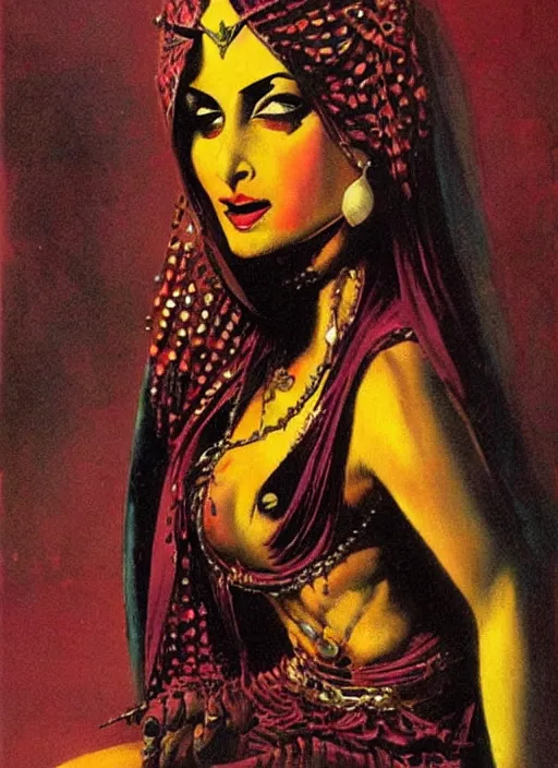 Image similar to female indian vampiress, jeweled veil, strong line, saturated color, beautiful! coherent! by frank frazetta, high contrast