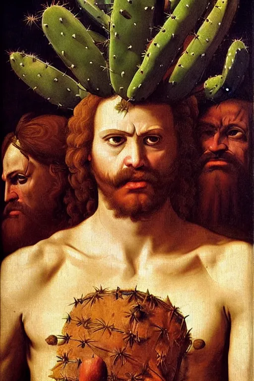 Image similar to renaissance painting of evil men, portrait, angry face closeup, emotions closeup, dressed in spartan armour, the beautiful garden with cactus bush everywhere, ultra detailed, art by guido reni style, vincenzo catena style