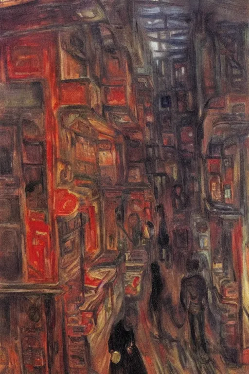 Prompt: extreme anxiety in kowloon walled city, oil painting by edvard munch