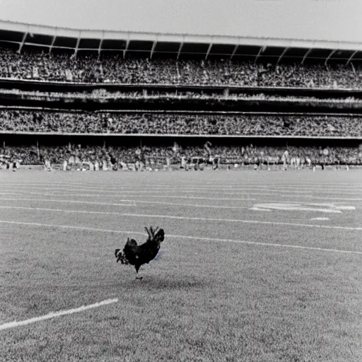 Image similar to the famous funky chicken runs across a football field, interrupting the big game, 3 5 mm