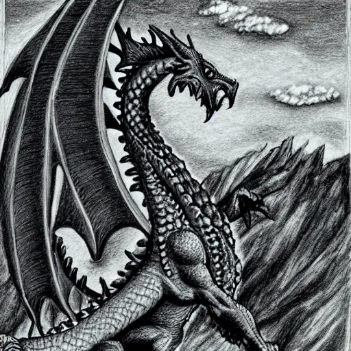 Image similar to welsh dragon above a castle on a hill, pencil work