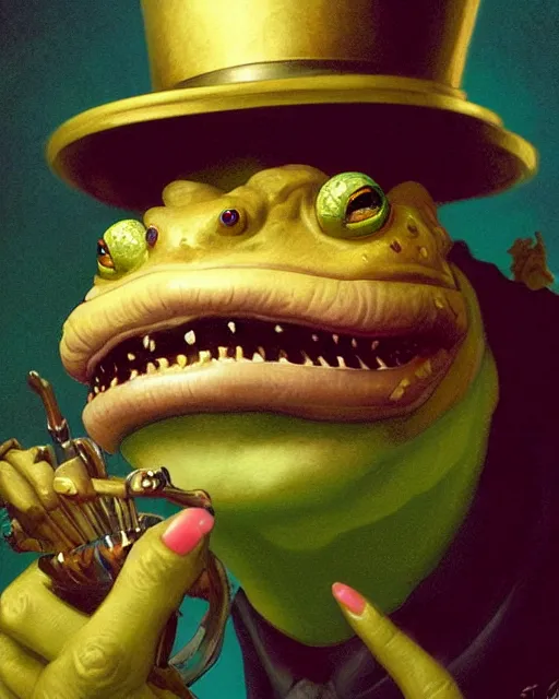 Prompt: close portrait with the creature, a toad with a top hat, smoking weed, vaporwave, bedroom, highly detailed, digital painting, artstation, concept art, smooth, sharp focus, illustration, art by artgerm and greg rutkowski and alphonse mucha