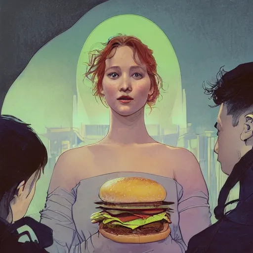 Prompt: in the style of Joshua Middleton comic art and Jules Bastien-Lepage, Jennifer Lawrence Eating a Big Mac, symmetrical face symmetrical eyes, full body, in an alleyway during The Purge, people eating hamburgers outside mcdonalds, night time dark with neon colors, fires,