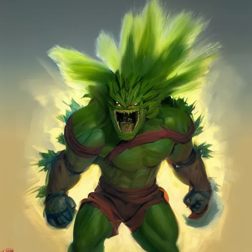 Image similar to greg manchess portrait painting of partially armored blanka from street fighter as overwatch character, medium shot, asymmetrical, profile picture, organic painting, sunny day, matte painting, bold shapes, hard edges, street art, trending on artstation, by huang guangjian and gil elvgren and gerald brom