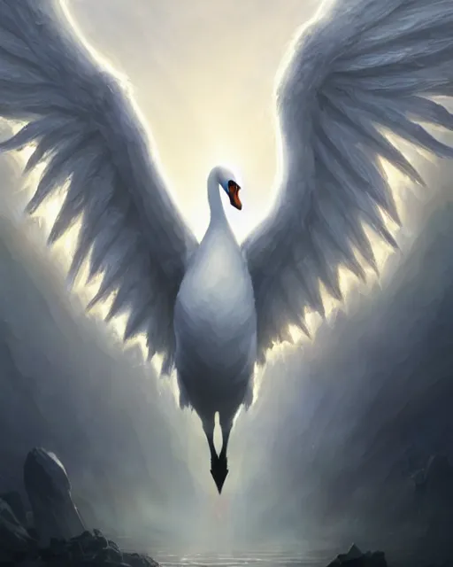 Image similar to Swan, Anthropomorphized, Angelic, Magical, Priest, D&D, artstation, fantasy, magic the gathering artwork, cinematic lighting, centered, symmetrical, highly detailed, digital painting, , concept art, smooth, sharp focus, illustration, volumetric lighting, epic Composition, 8k, art by Akihiko Yoshida and Greg Rutkowski and Craig Mullins, oil painting, cgsociety