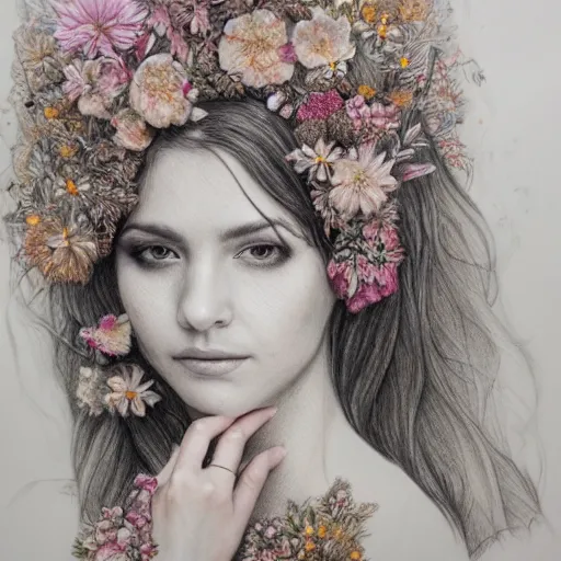 Image similar to a detailed pencil drawing of a beautiful woman clothed in flowers and leaves standing in an enchanted forest, high fantasy, elegant, epic, detailed, intricate, watercolor, concept art, realistic detailed face, smooth, focus, rim light, detailed 8 5 mm f / 1. 4, anamorphic lens