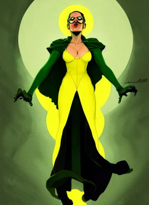 Prompt: Rafeal Albuquerque comic art, Joshua Middleton comic art, cinematics lighting, beautiful Marion Cotillard villain, green dress with a black hood, yellow eyes, angry, symmetrical face, symmetrical eyes, full body, flying in the air, night time, red mood in background